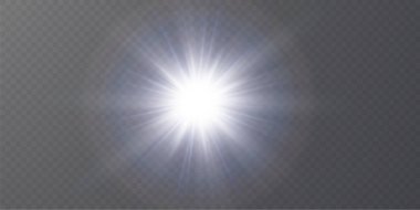 Şeffaf beyaz arka planda izole edilmiş parlayan yıldızlar. Efektler, parlaklık, parlaklık, patlama, beyaz ışık, ayarlandı. Yıldızların parlaması, güzel güneş parlaması. Vektör illüstrasyonu.