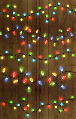 Şeffaf bir arkaplanda Noel ışıkları. Noel ışıklarıyla parlayan çelenkler. Şenlik dekorasyonu elementi. Parlak Noel ışıkları. Bu çelenk çok renkli. İzole edilmiş. Vektör illüstrasyonu.