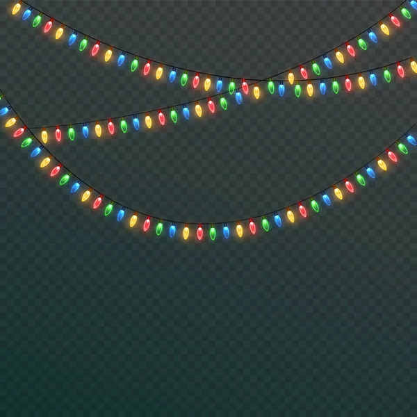 背景透明的圣诞灯 加兰闪烁着圣诞彩灯 节日装饰元素 明亮的圣诞灯 这个花环是多色的 孤立无援矢量说明 — 图库矢量图片