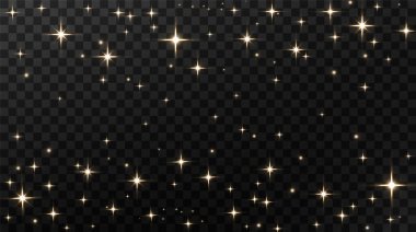 Düşen Noel ışıkları. Sihirli soyut altın tozu ve parıltı. Noel arkaplanı. Soyut altın parçacıkları ve simler siyah bir arkaplanda..