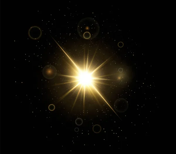 Блискучі Золоті Зірки Ізольовані Чорному Тлі Ефекти Блиск Лінзи Вибух — стоковий вектор