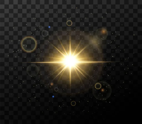 輝く金色の星は黒い背景に孤立しています レンズフレア 黄金の光 セット 輝く星 美しい黄金の光線 ベクターイラスト — ストックベクタ