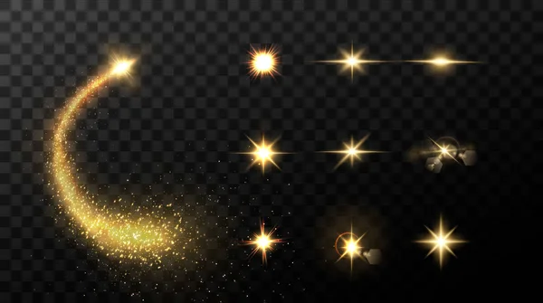 Csillogó Arany Csillagok Elszigetelt Fekete Háttér Hatások Lencse Fáklya Ragyog — Stock Vector