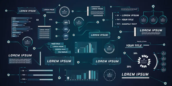 Gelecekçi stil lideri HUD 'u çağırdı. Çerçeve düzeni için modern dijital şablonlar uygulanabilir. Bilgi çağrıları ve oklar. Grafik kümesinin elementlerinin arayüzü. Vektör illüstrasyonu