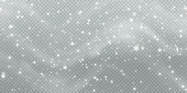 雪片在白色透明的背景上被风吹来的冬季背景 — 图库矢量图片