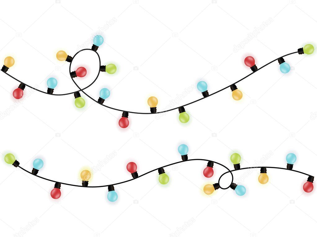 Catalog of Christmas lights. Collection of colorful and festive garlands on a white transparent background.