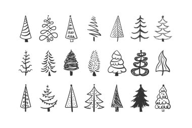 El çizimi Noel ağacı seti. Birçok grup siluet dekor simgeleri beyaz arkaplanda izole edilmiştir. Siyah renkli eskiz tarzı tatil ağaçları. Yeni Yıl ...