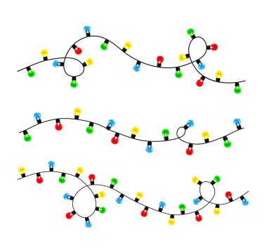 Noel ışıklarının kataloğu. Beyaz şeffaf bir arkaplanda renkli ve şenlikli çelenkler koleksiyonu.