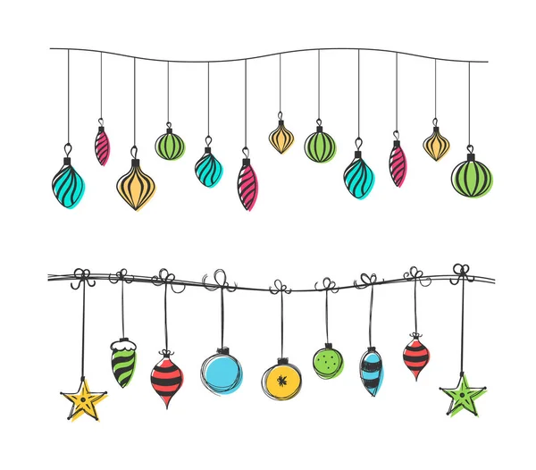 Conjunto Guirnaldas Dibujadas Mano Adornos Navideños — Vector de stock