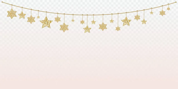 Altın Noel Süslemesi Beyaz Arka Planda Izole Edilmiş Asılmış Yıldızlar — Stok Vektör