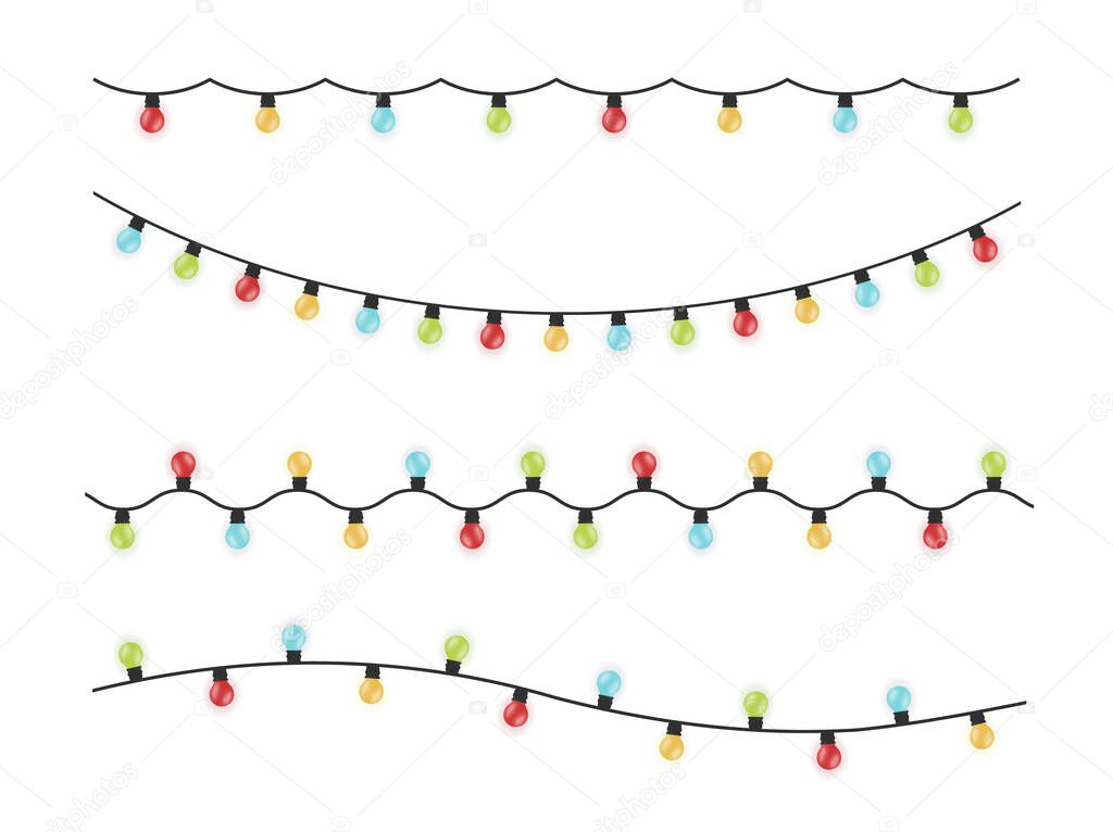 Catalog of Christmas lights. Collection of colorful and festive garlands on a white transparent background.