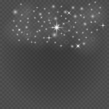 Parlak sihirli toz. Dokusal siyah bir arkaplanda. Küçük, ışıldayan toz parçacıkları ve yıldızlardan oluşan soyut bir arka plan kutlaması. Sihir efektli vektör illüstrasyonu.