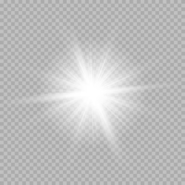 Soyut şeffaf güneş ışığı özel mercek ışık efekti. Hareket halinde vektör bulanıklığı parlaklığı. İzole edilmiş şeffaf arka plan. Dekor elemanı. Yatay yıldız patlaması ışınları ve spot ışıkları.