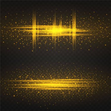 Siyah arkaplanda kıvılcımlar, ışık efekti, altın renk. Stoklar için vektör illüstrasyonu.