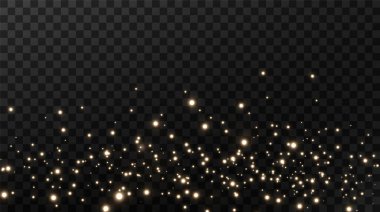 Parlak sihirli toz. Siyah ve beyaz dokusal bir arkaplanda. Altın ışıldayan toz parçacıklarından oluşan soyut bir arka plan kutlaması. Sihirli efekt. Altın yıldızlar. Şenlikli vektör çizimi.