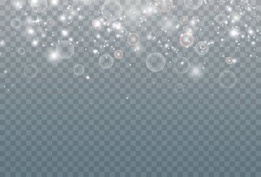 Beyaz şeffaf bir arka planda rüzgarla esen kar tanelerinin soyut kış arkaplanı.