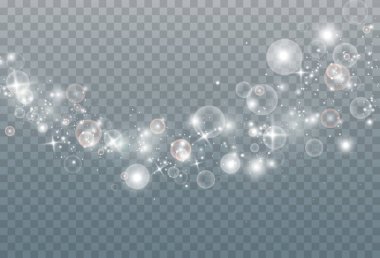 Beyaz şeffaf bir arka planda rüzgarla esen kar tanelerinin soyut kış arkaplanı.