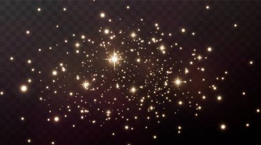 Parlak sihirli toz. Siyah ve beyaz dokusal bir arkaplanda. Altın ışıldayan toz parçacıklarından oluşan soyut bir arka plan kutlaması. Sihirli efekt. Altın yıldızlar. Şenlikli vektör çizimi.