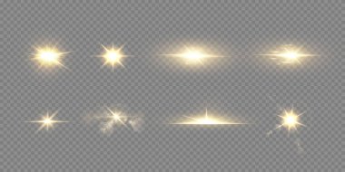 Güneş gerçekçi bir parıltıyla parlayan parlak bir ışık. Şeffaf siyah arkaplanda ışık yıldızı.