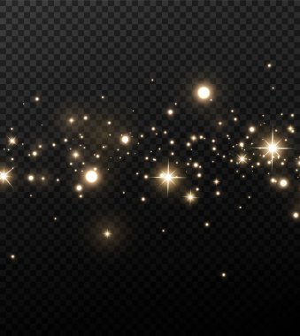 Parlak sihirli toz. Siyah ve beyaz dokusal bir arkaplanda. Altın ışıldayan toz parçacıklarından oluşan soyut bir arka plan kutlaması. Sihirli efekt. Altın yıldızlar. Şenlikli vektör çizimi.