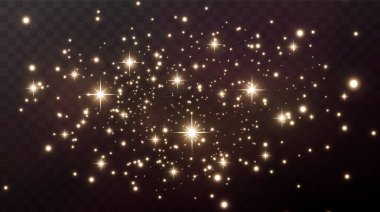 Parlak sihirli toz. Siyah ve beyaz dokusal bir arkaplanda. Altın ışıldayan toz parçacıklarından oluşan soyut bir arka plan kutlaması. Sihirli efekt. Altın yıldızlar. Şenlikli vektör çizimi.