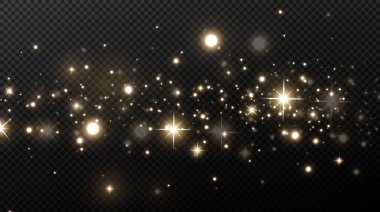 Parlak sihirli toz. Siyah ve beyaz dokusal bir arkaplanda. Altın ışıldayan toz parçacıklarından oluşan soyut bir arka plan kutlaması. Sihirli efekt. Altın yıldızlar. Şenlikli vektör çizimi.
