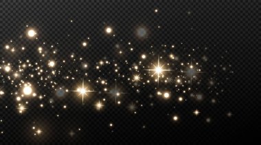 Parlak sihirli toz. Siyah ve beyaz dokusal bir arkaplanda. Altın ışıldayan toz parçacıklarından oluşan soyut bir arka plan kutlaması. Sihirli efekt. Altın yıldızlar. Şenlikli vektör çizimi.