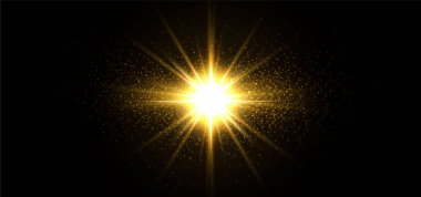 Güneş gerçekçi bir parıltıyla parlayan parlak bir ışık. Şeffaf siyah arkaplanda ışık yıldızı.
