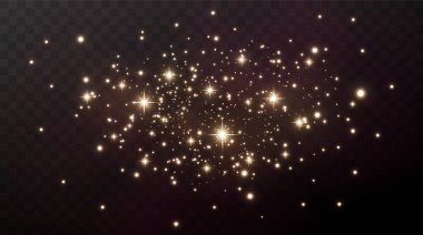 Parlak sihirli toz. Siyah ve beyaz dokusal bir arkaplanda. Altın ışıldayan toz parçacıklarından oluşan soyut bir arka plan kutlaması. Sihirli efekt. Altın yıldızlar. Şenlikli vektör çizimi.