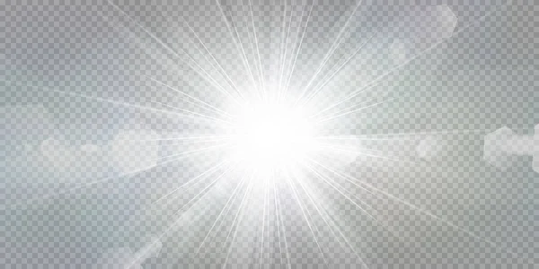 輝く星は 透明な白い背景に隔離されています グレア 白い光 セット 星の輝き 美しい太陽のまぶしさ ベクターイラスト — ストックベクタ