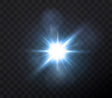 Siyah arka planda izole edilmiş parlak neon yıldızlar. Efektler, mercek parlaması, parlaklık, patlama, neon ışığı, set. Parlayan yıldızlar, güzel mavi ışınlar. Vektör illüstrasyonu.