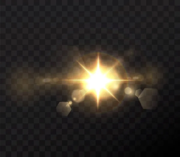 太陽は現実的なグレアで明るい光線を輝いています 透明な黒の背景のライトスター — ストックベクタ