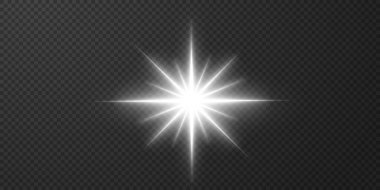 Güneş gerçekçi bir parıltıyla parlayan parlak bir ışık. Şeffaf siyah arkaplanda ışık yıldızı.