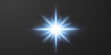 Siyah arka planda izole edilmiş parlak neon yıldızlar. Efektler, mercek parlaması, parlaklık, patlama, neon ışığı, set. Parlayan yıldızlar, güzel mavi ışınlar. Vektör illüstrasyonu.