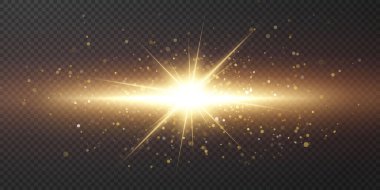 Güneş gerçekçi bir parıltıyla parlayan parlak bir ışık. Şeffaf siyah arkaplanda ışık yıldızı.