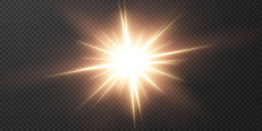 Güneş gerçekçi bir parıltıyla parlayan parlak bir ışık. Şeffaf siyah arkaplanda ışık yıldızı.