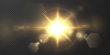 Güneş gerçekçi bir parıltıyla parlayan parlak bir ışık. Şeffaf siyah arkaplanda ışık yıldızı.