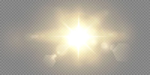 Sole Splende Raggi Luminosi Con Riflessi Realistici Stella Chiara Sfondo — Vettoriale Stock