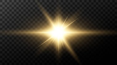Güneş gerçekçi bir parıltıyla parlayan parlak bir ışık. Şeffaf siyah arkaplanda ışık yıldızı.