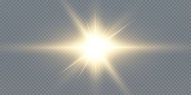 Güneş gerçekçi bir parıltıyla parlayan parlak bir ışık. Şeffaf siyah arkaplanda ışık yıldızı.