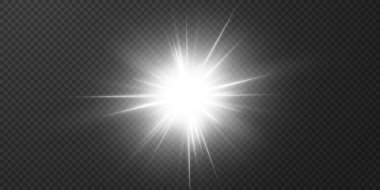 Güneş gerçekçi bir parıltıyla parlayan parlak bir ışık. Şeffaf siyah arkaplanda ışık yıldızı.