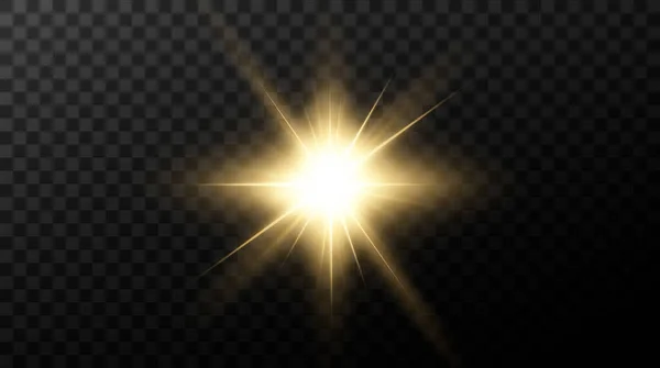 Solen Skiner Ljusstrålar Med Realistisk Bländning Ljus Stjärna Transparent Svart — Stock vektor