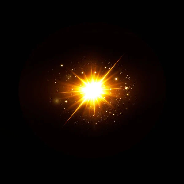輝く金色の星は黒い背景に孤立しています レンズフレア 黄金の光 セット 輝く星 美しい黄金の光線 ベクターイラスト — ストックベクタ