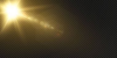 Güneş gerçekçi bir parıltıyla parlayan parlak bir ışık. Şeffaf siyah arkaplanda ışık yıldızı.