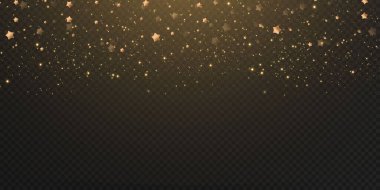 Noel altın konfeti yıldızları yağıyor, parlayan yıldızlar gece gökyüzünde uzayın ışık noktaları arasında uçuyor. Tatil vektör arkaplanı. sihirli parlama.