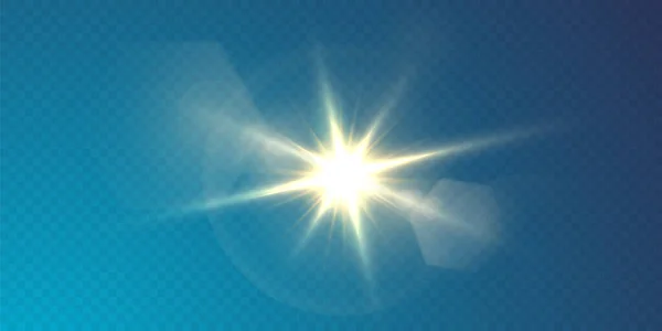 Solen Skiner Ljusstrålar Med Realistisk Bländning Ljus Stjärna Transparent Svart — Stock vektor