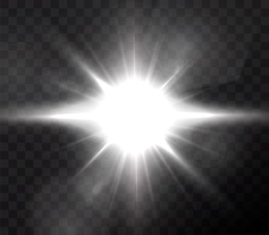 Güneş gerçekçi bir parıltıyla parlayan parlak bir ışık. Şeffaf siyah arkaplanda ışık yıldızı.