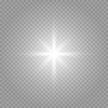 Şeffaf beyaz arka planda izole edilmiş parlayan yıldızlar. Yıldızların parlaması, güzel güneş parlaması. Vektör illüstrasyonu.