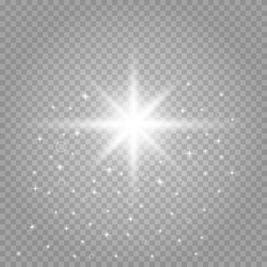 Şeffaf beyaz arka planda izole edilmiş parlayan yıldızlar. Yıldızların parlaması, güzel güneş parlaması. Vektör illüstrasyonu.