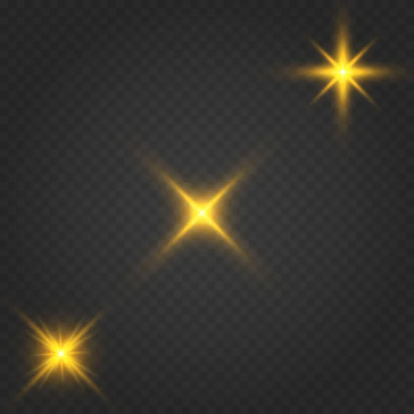 Csillogó Arany Csillagok Elszigetelt Fekete Háttér Hatások Lencse Fáklya Ragyog — Stock Vector